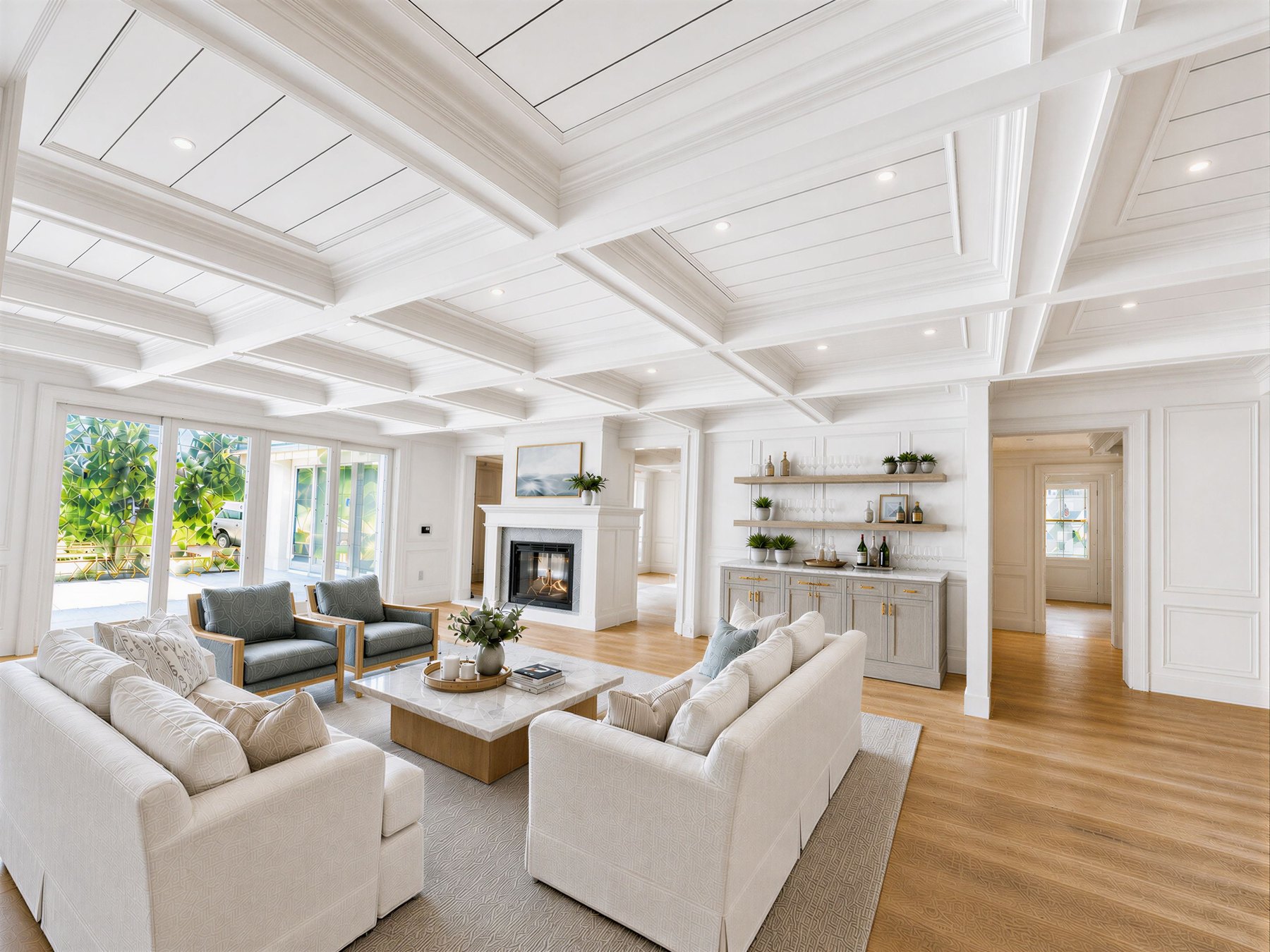 The coffered living room